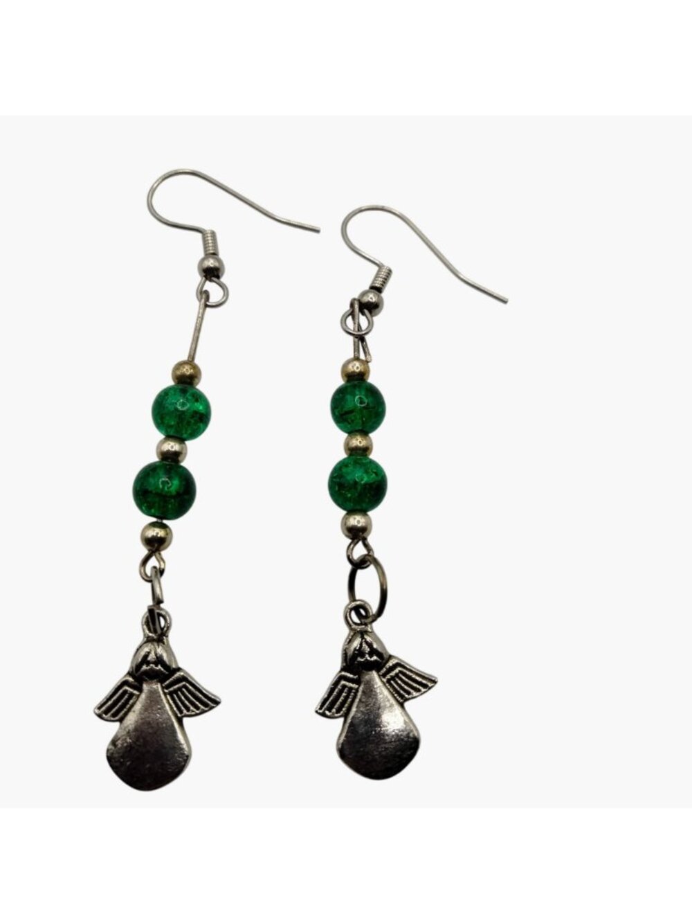 Silver Angel earrings Stamped Made for an Angel Shimmer Green Beads Drop Dangle - Picture 6 of 6